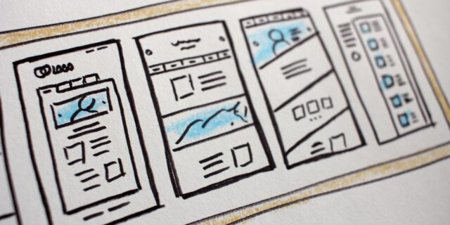 Handgezeichnete Skizze von verschiedenen Layout Möglichkeiten für die Darstellung einer Website.