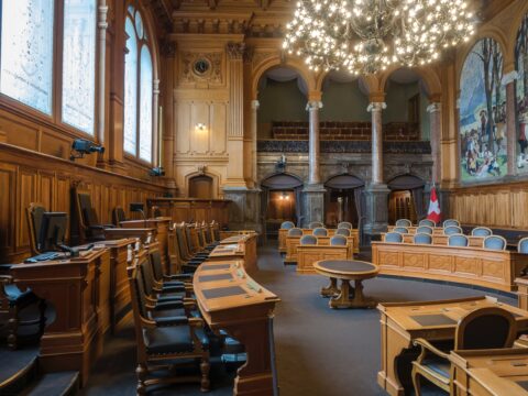 Schweizer Bundeshaus von innen. Tische und Stühle, ein Landschaftsbild an der Wand.