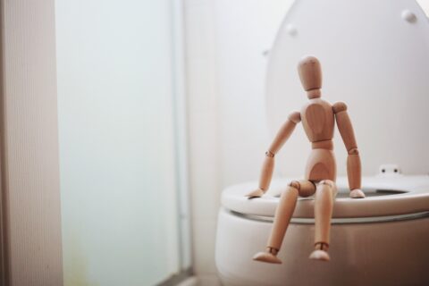 Modellpuppe aus Holz, die auf einem WC-Ring sitzt.