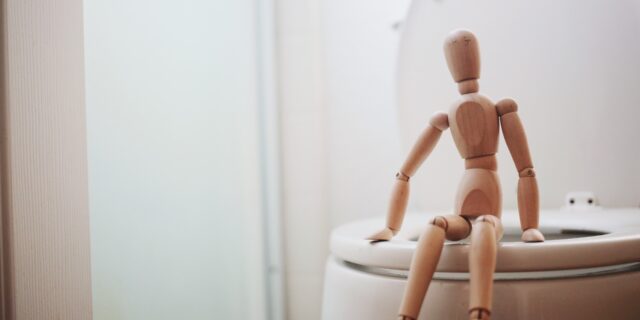 Modellpuppe aus Holz, die auf einem WC-Ring sitzt.