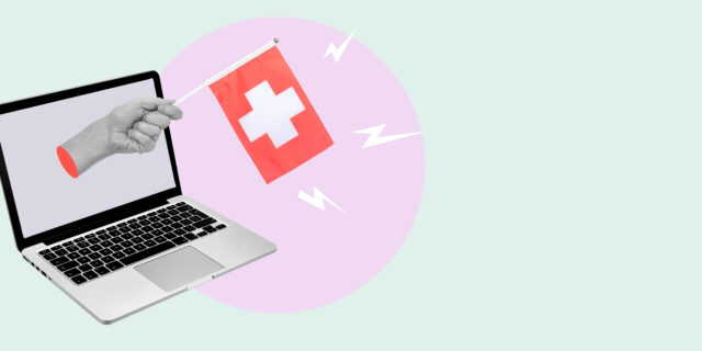 Collage mit Laptop, daraus hält eine Hand eine Schweizer Flagge