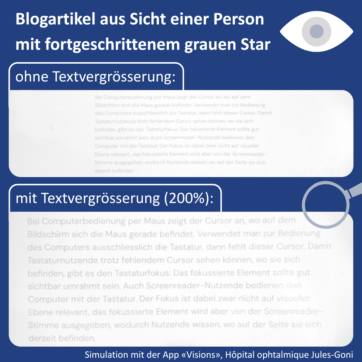 Blogartikel aus Sicht einer Person mit fortgeschrittenem grauen Star ohne Textvergrösserung (Text kaum lesbar) vs. mit Textvergrösserung auf 200% (immer noch verschwommen, aber besser lesbar). Simulation mit der App "Visions", Hôpital ophtalmique Jules-Goni