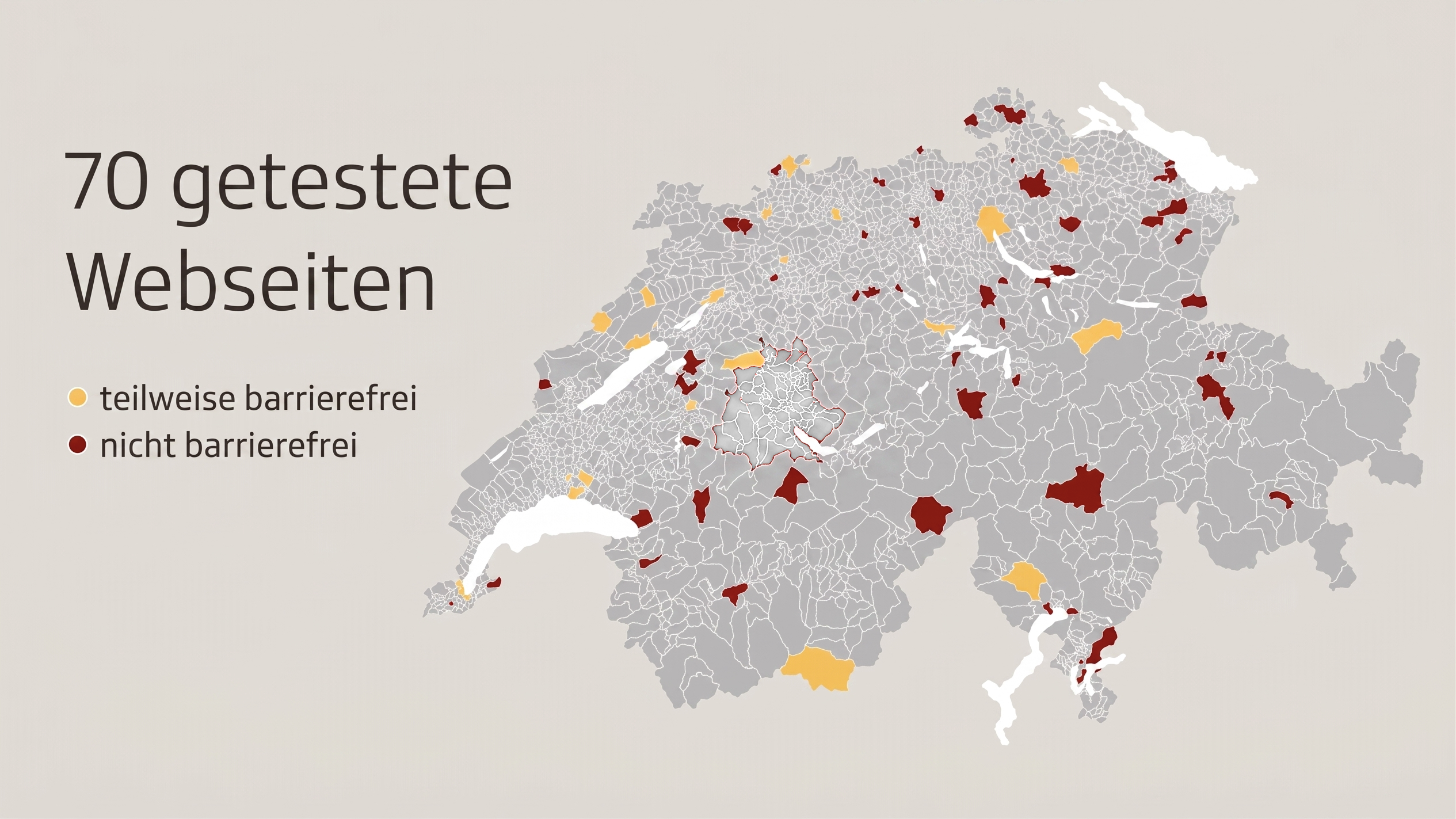 Schweizer Landkarte mit den 70 Gemeinden, deren Webseiten getestet wurden. Gelb dargestellt werden Webseiten, die teilweise barrierefrei sind, rot diejenigen, die nicht barrierefrei sind.