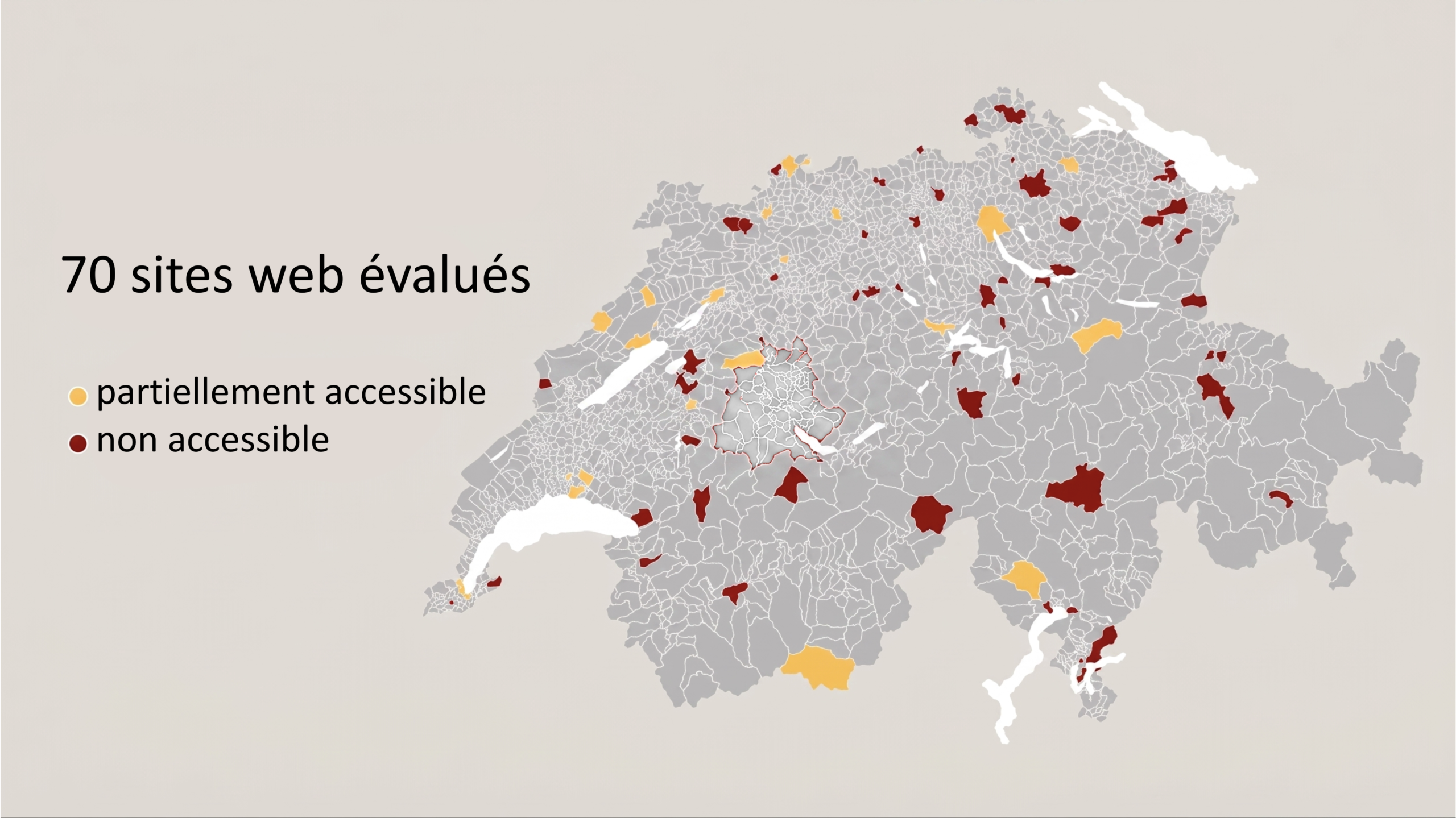 Carte géographique de la Suisse indiquant les 70 communes dont les sites web ont été évalués. Les sites web partiellement accessibles sont représentés en jaune, ceux qui ne le sont pas sont indiqués en rouge.