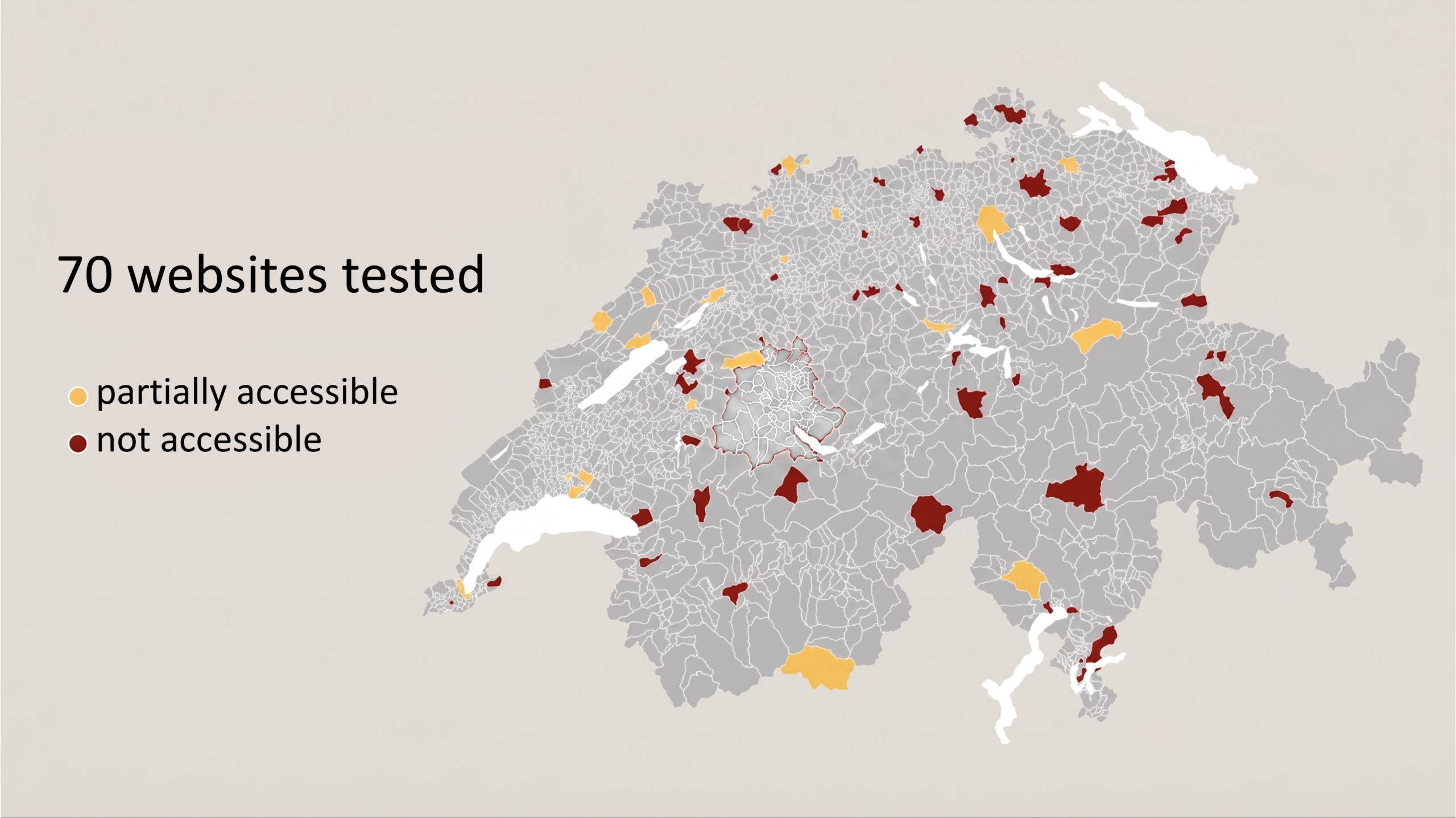 Map of Switzerland with the 70 local authorities whose websites were tested. Websites that are partially accessible are shown in yellow, those that are not accessible are shown in red.