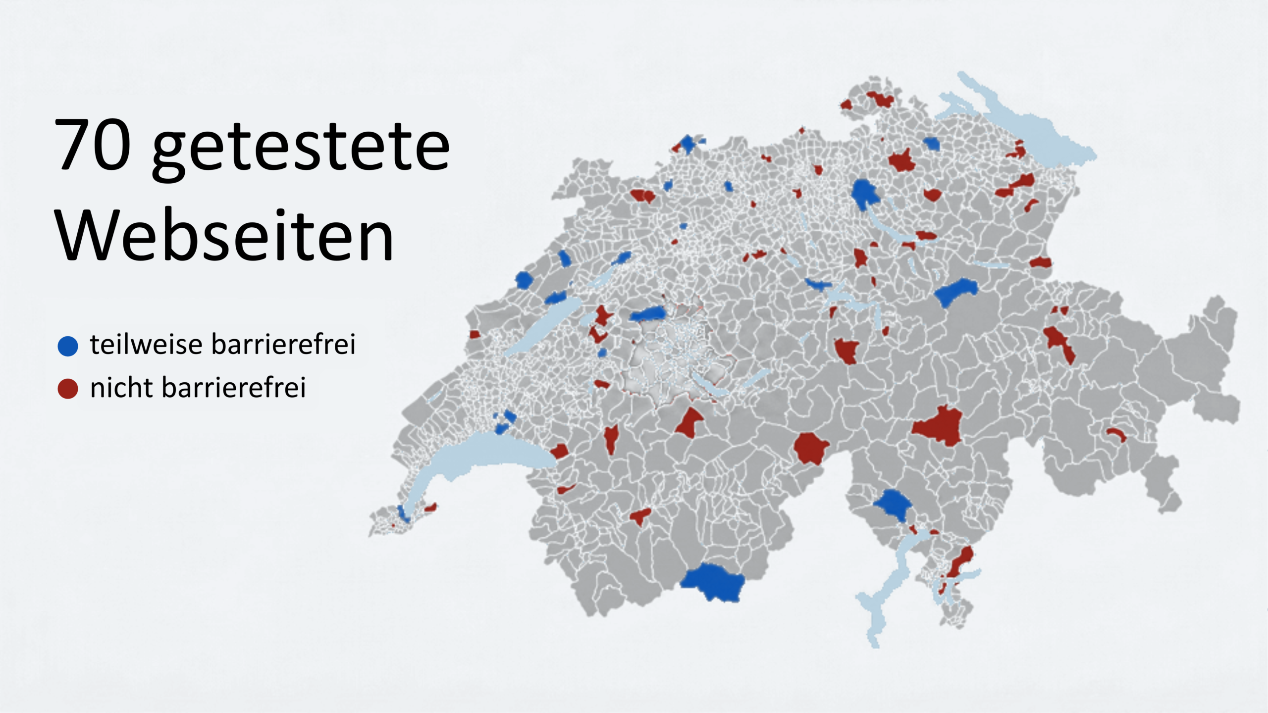 Schweizer Landkarte mit den 70 Gemeinden, deren Webseiten getestet wurden. Blau dargestellt werden Webseiten, die teilweise barrierefrei sind, rot diejenigen, die nicht barrierefrei sind.